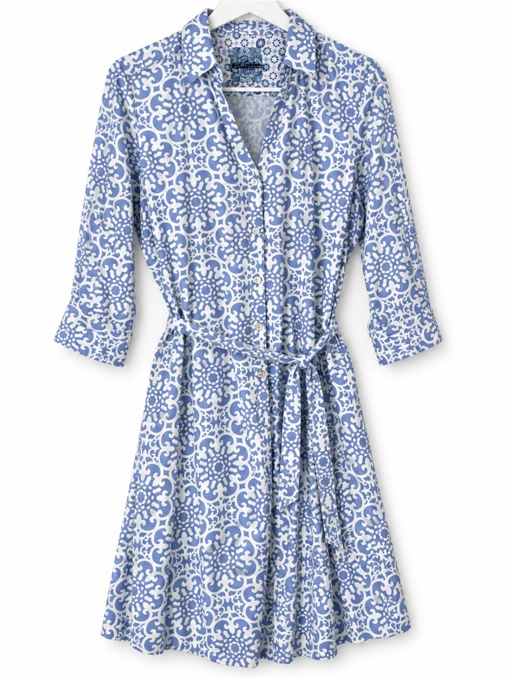 Robert Graham Blue Print Cotton Stretch V neck  Shirt Dress with Tie Belt